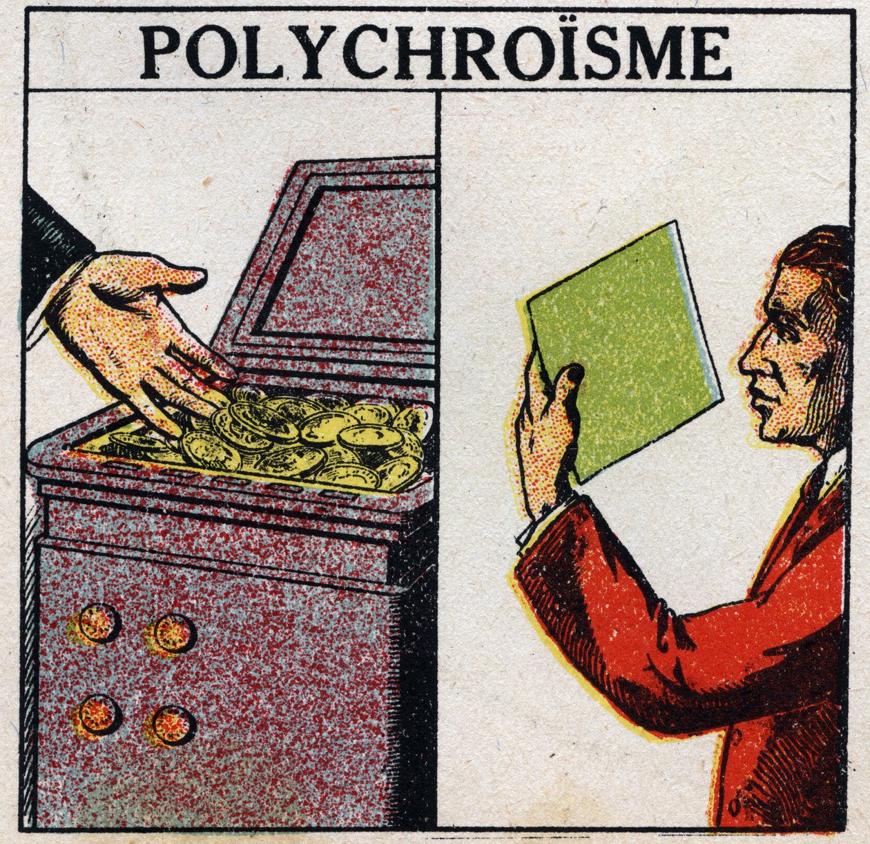 Kleuren: polychroïsme. Gouden munten zijn geel, maar goud in dunne laag is groen van kleur. Anonieme illustratie uit 1925. Privécollectie. door Anonymous Anonymous