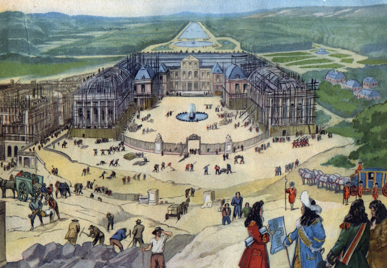 Bouw van het kasteel van Versailles in 1678 volgens de plannen van Jules Hardouin Mansart op de voorgrond koning Lodewijk XIV. door Anonymous Anonymous