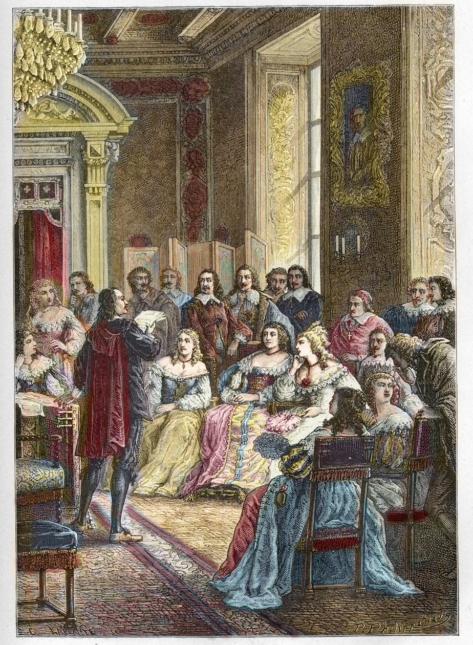 Corneille leest zijn tragedie Polyeucte voor in het Hotel de Rambouillet voor Catherine de Vivonne, Markiezin van Rambouillet en in aanwezigheid van de ruiters en mannen van de kerk (Bossuet was ook een van de habitués van de Blauwe Kamer) - Pierre door Anonymous Anonymous