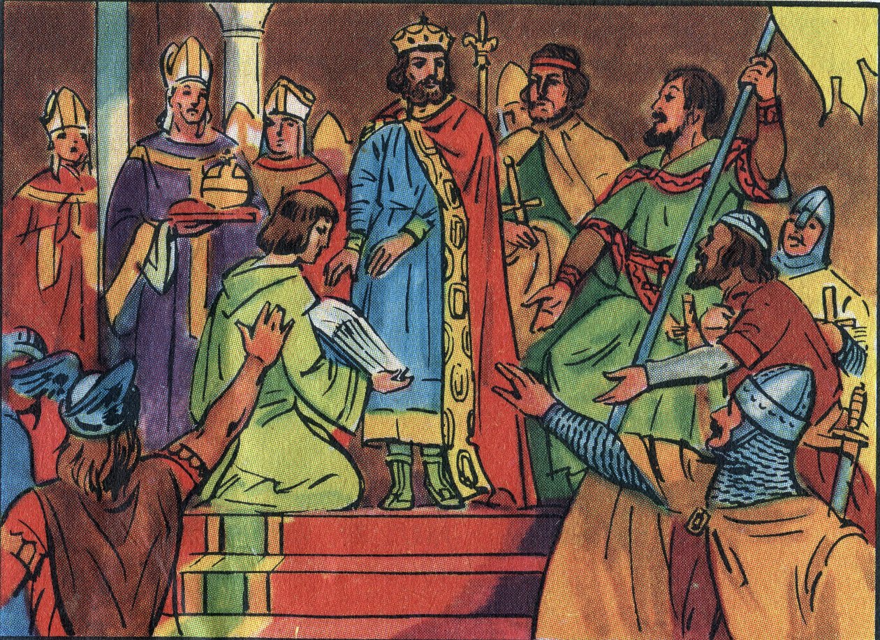 Kroning van Hugues Capet (941-996) in Noyon in 987, door Adalberon (ca. 925-990), aartsbisschop van Reims. Deze kroning markeerde het begin van de Capetiaanse dynastie, koningen van Frankrijk die direct of indirect 8 jaar regeerden. Anonieme illustratie door Anonymous Anonymous