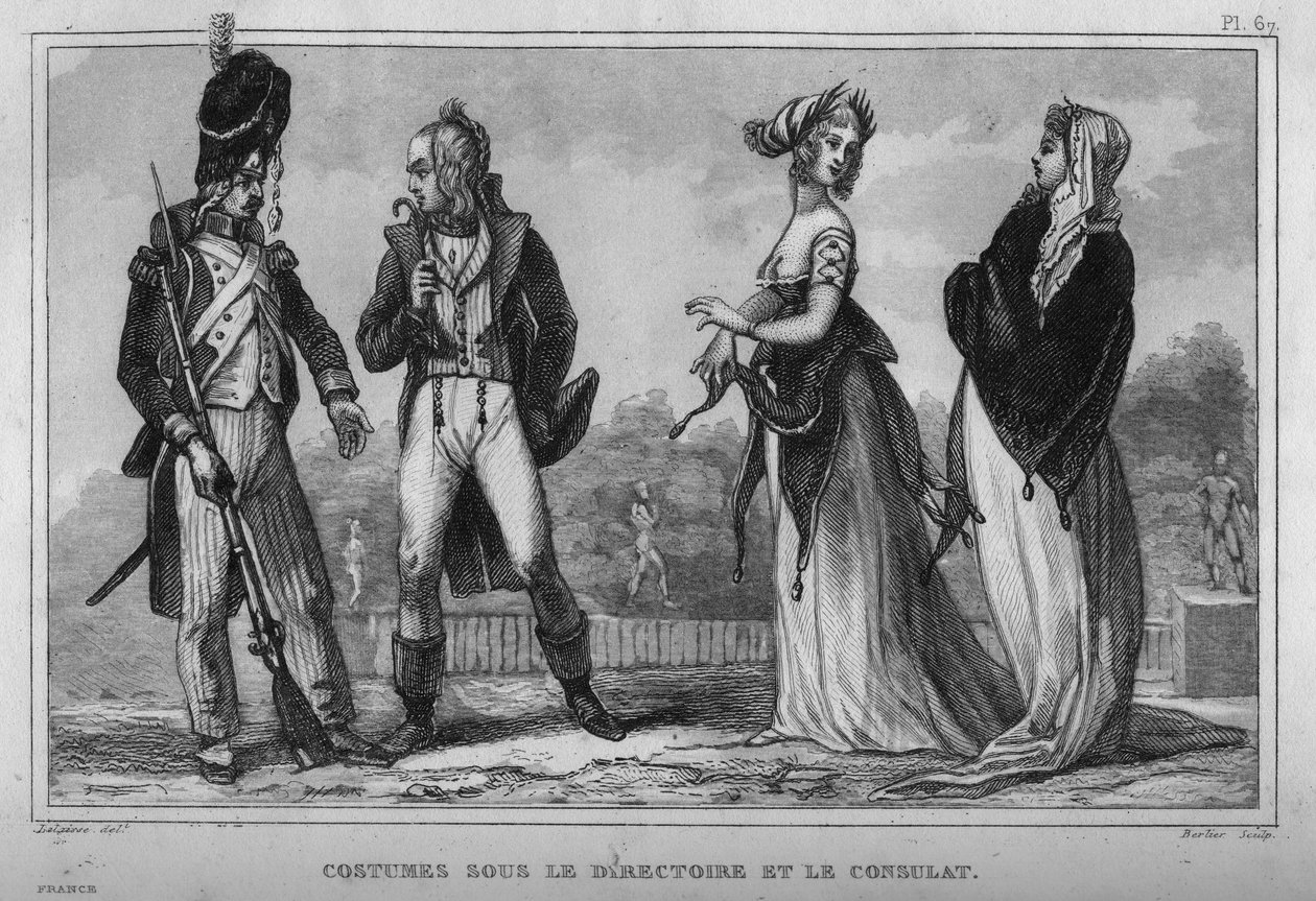 Kostuum op het Directoire en het Consulaat. Gravure uit 1859 in Le Monde. Geschiedenis van alle volkeren vanaf de vroegste tijden tot heden. door M. E. de Lostalot-Bachoue. Privécollectie. door Anonymous Anonymous