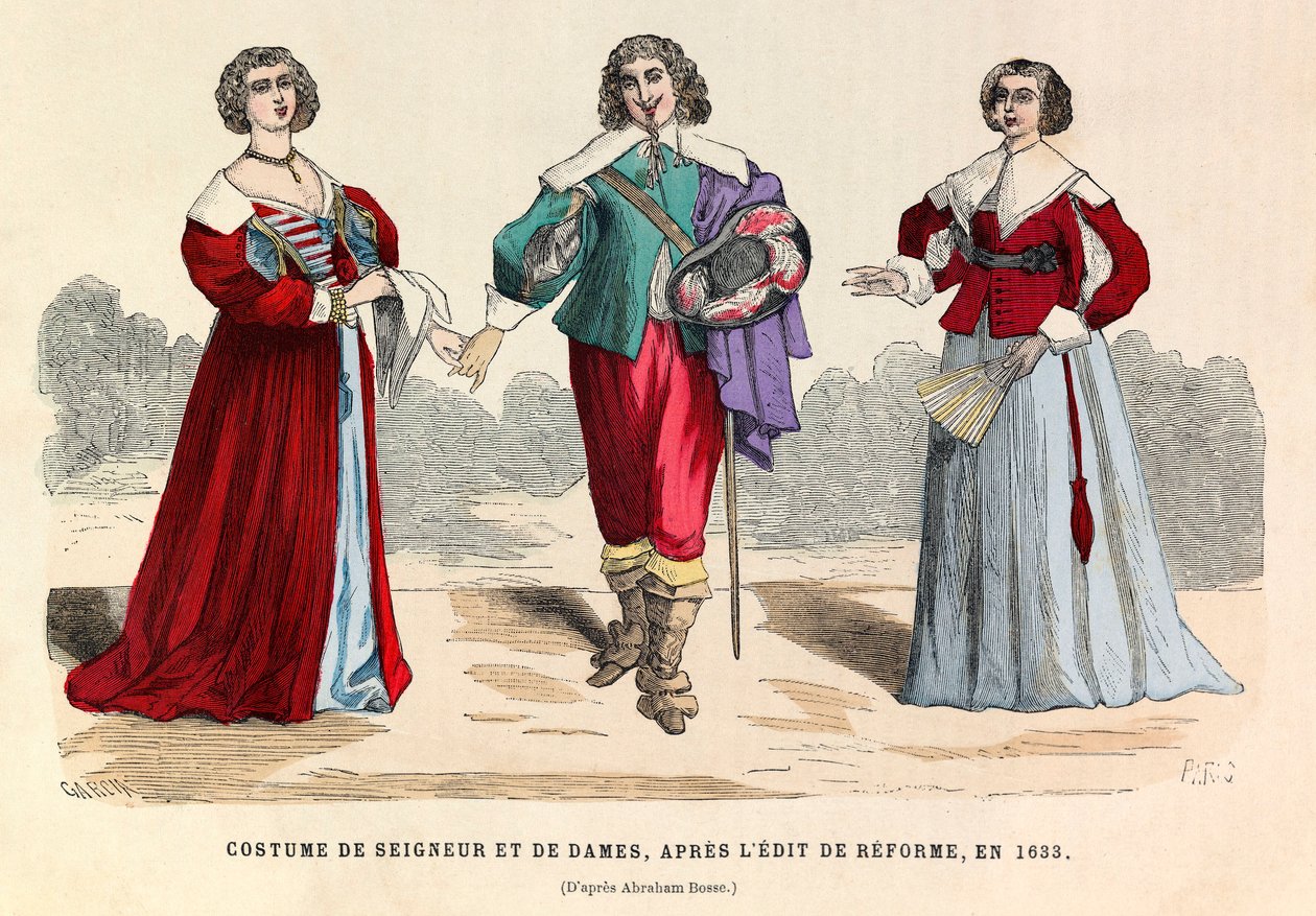 Kostuums van heren en dames na de hervormingsedit in Parijs in 1633 - privécollectie door Anonymous Anonymous