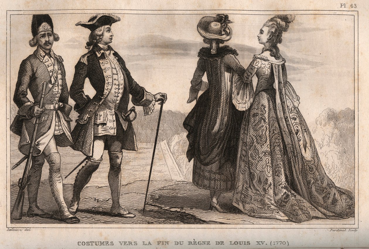 Kostuums tegen het einde van het bewind van koning Lodewijk XV (1770). Gravure uit 1859 in 