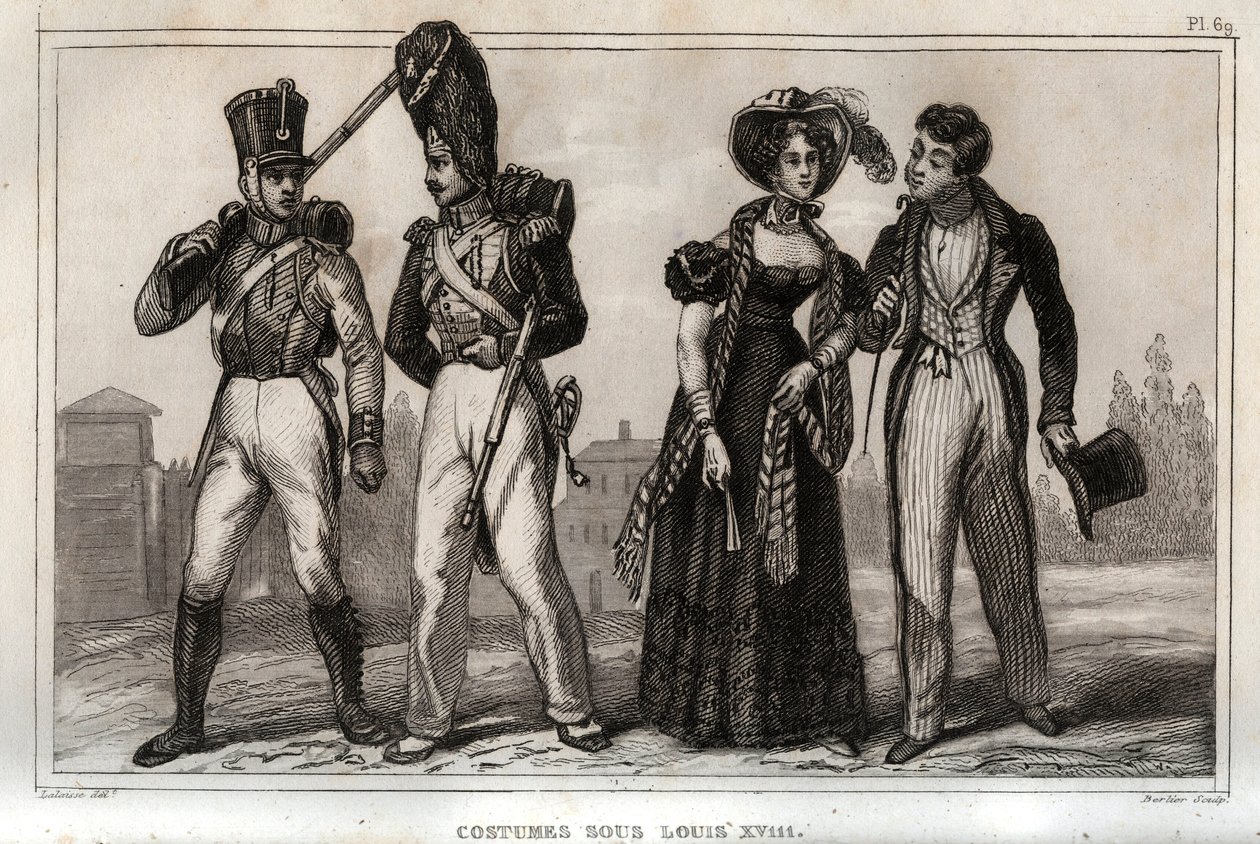Kostuums onder Lodewijk XVIII. Gravure uit 1859 in 