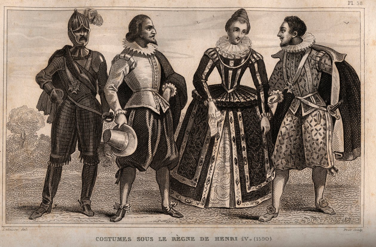 Kostuums onder het bewind van Hendrik IV (1590). Gravure uit 1859 in Le Monde. Geschiedenis van alle volkeren vanaf de vroegste tijden tot heden. door M. E. de Lostalot-Bachoue. Privécollectie. door Anonymous Anonymous