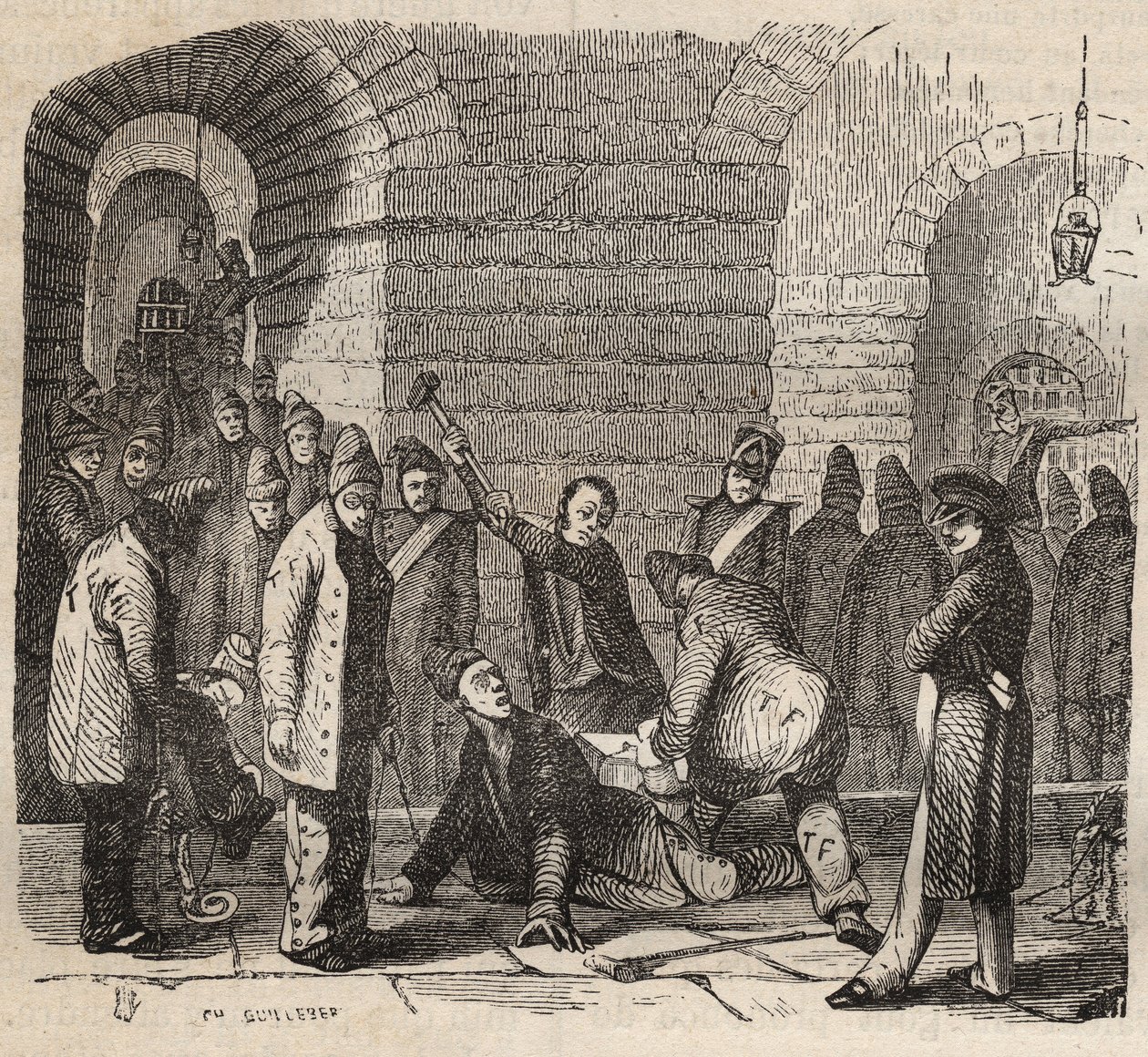 Koppeling in de Rochefort Bagne in de 19e eeuw. Gravure in Histoire des bagnes depuis leur création à nos jours (1877) door Pierre Zaccone. Privécollectie. door Anonymous Anonymous