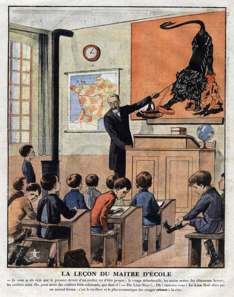 Cursussen in goede manieren op school, een leraar leert schoolkinderen hoe ze schoenen moeten poetsen. Reclame illustratie uit 