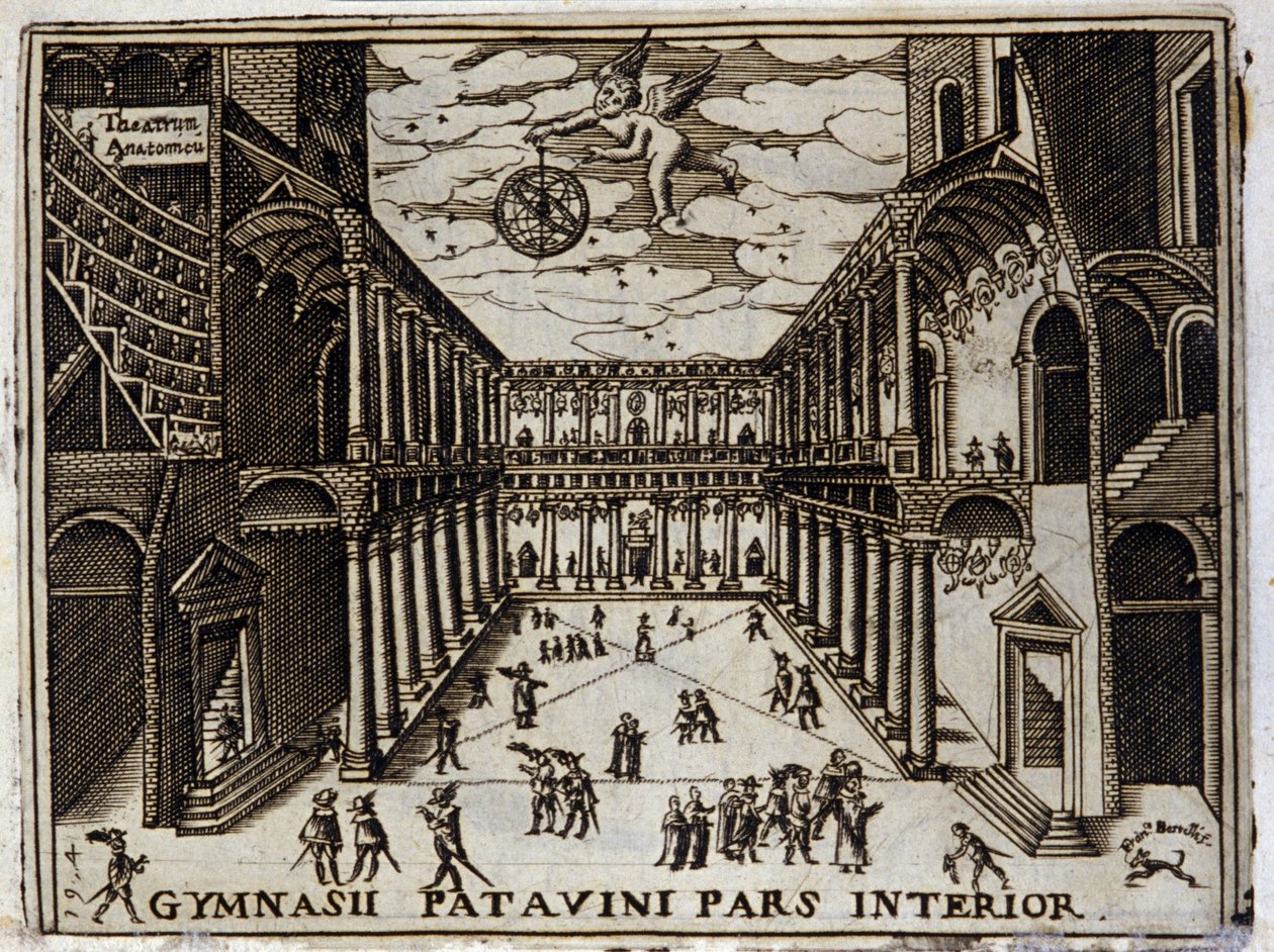Hof van de Universiteit van Padua (Padova) in Italië in de 17e eeuw. Anonieme gravure uit de 17e eeuw. Milanees. door Anonymous Anonymous