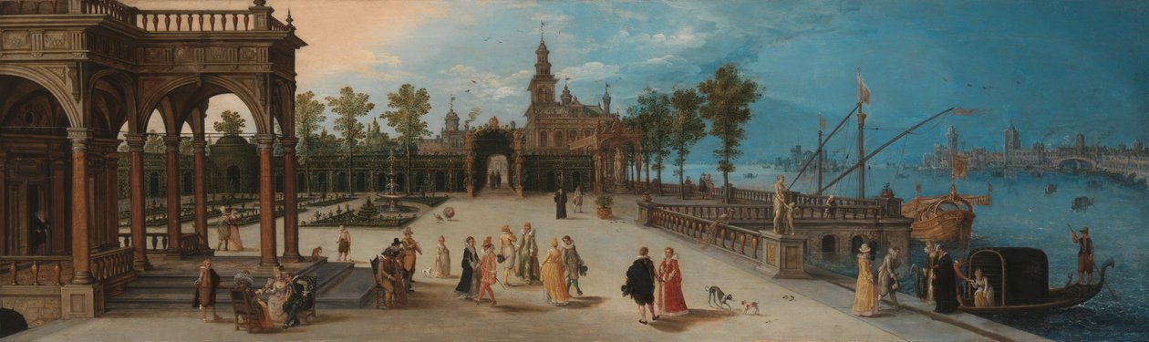 Dansfeest op het voorplein van een denkbeeldig paleis met een Capriccio-uitzicht op Venetië in de verte door Anonymous Anonymous