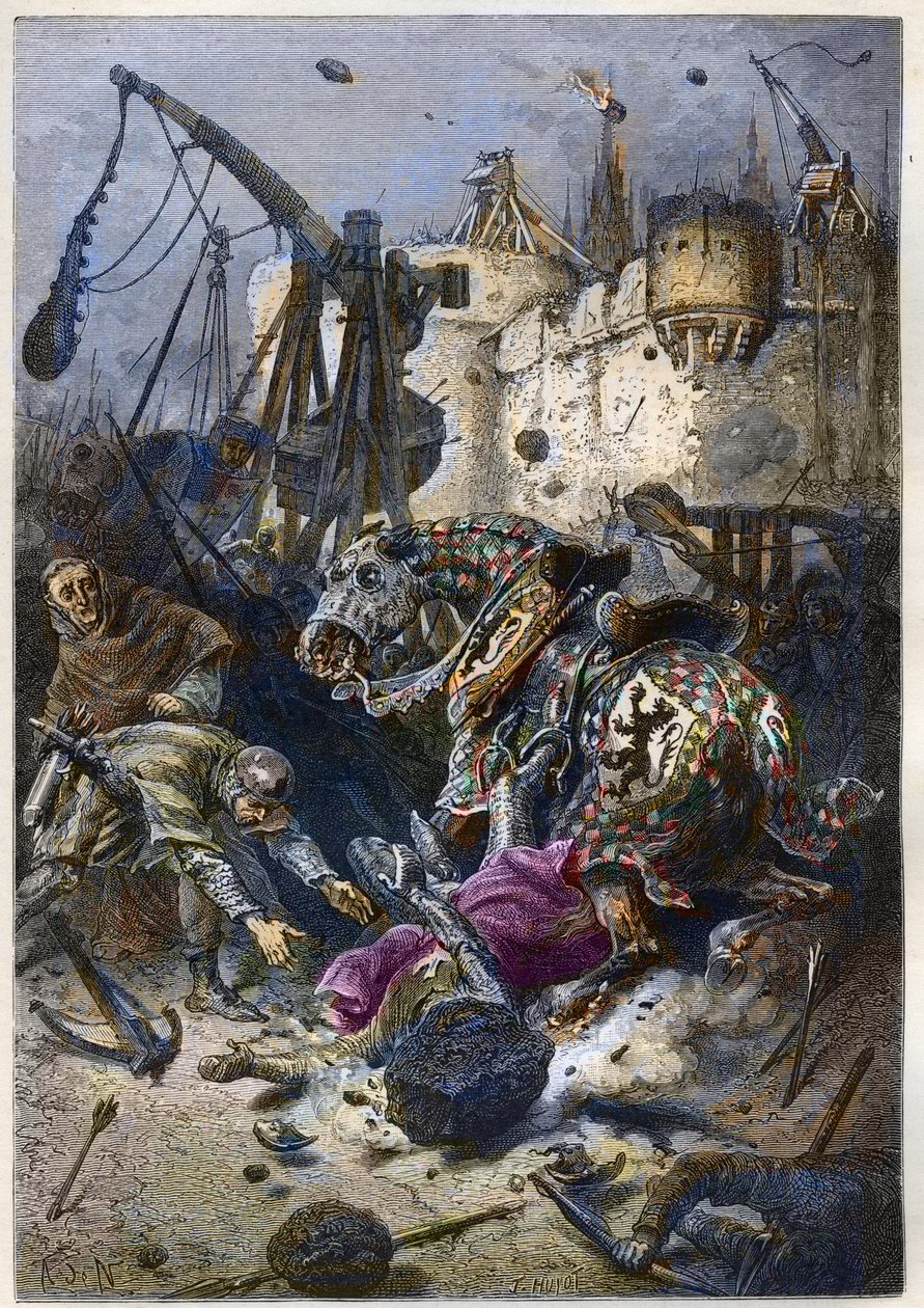 Dood van Simon IV van Montfort (1150-1218) Franse aristocraat, bij de belegering van Toulouse in 1218 - Dood van Simon de Montfort tijdens de Slag om Toulouse, 25 juni door Anonymous Anonymous