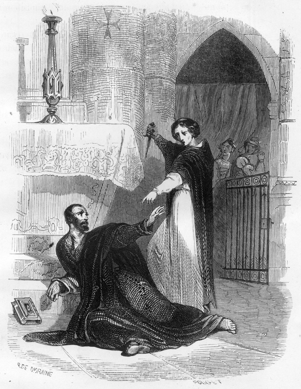 Dood van de Inquisiteur Pedro (Peter) van Arbues (1441/1442 - 1485) in de kathedraal van Zaragoza in september 1485. Illustratie in 