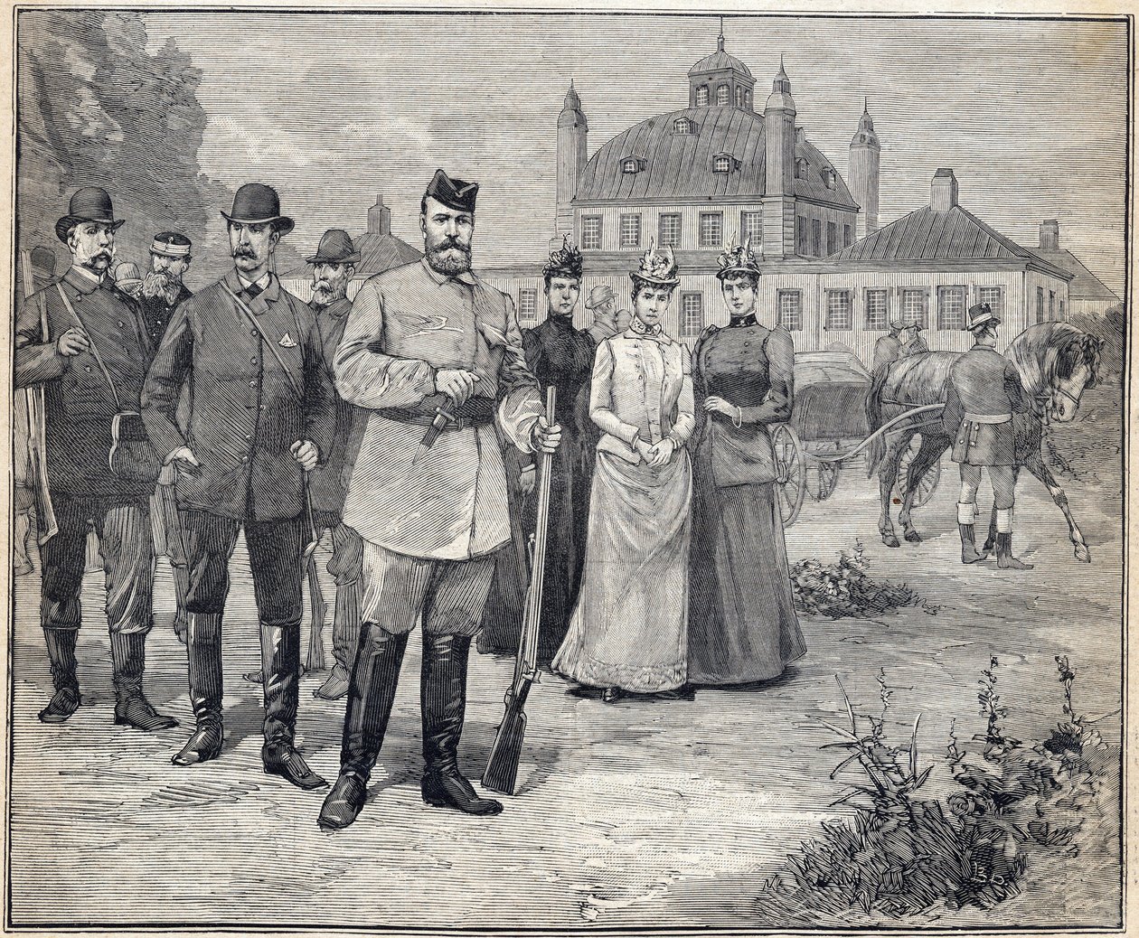 Vertrokken voor de jacht Tsaar Nicolaas II van Rusland (1868-1918) in Fredensborg, Denemarken. Gravure in Le Petit Parisien 1893 door Anonymous Anonymous