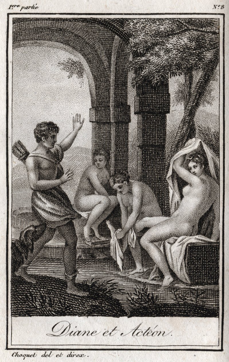 Diana en Actaeon. Diana verrast in het bad door de jager Actaeon. Gravure uit 1819 in 