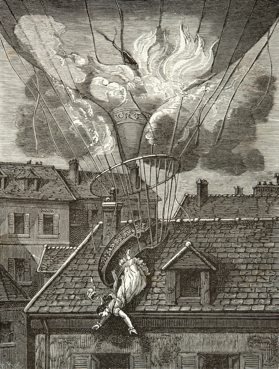 Dramatische dood van Madame Sophie Blanchard (1778-1819), luchtvaartster op 6 juli 1819 boven de tuinen van Tivoli in Parijs, Gravure, Privécollectie door Anonymous Anonymous