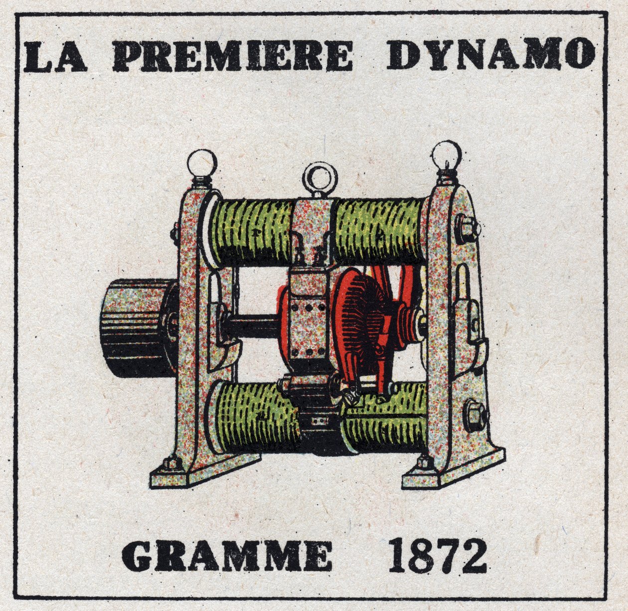 Dynamo: de eerste dynamo uitgevonden door Zenobe Theophile Gram (1826-1901) in 1872. Anonieme illustratie uit 1925. Privécollectie. door Anonymous Anonymous