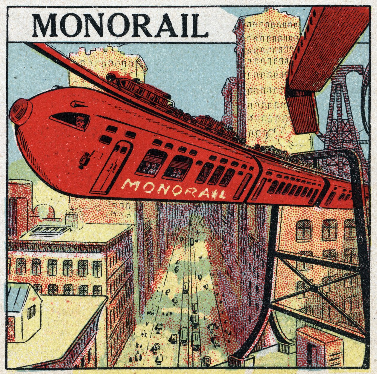 Elektrische spoorwegen: project voor een monorail die in een stad circuleert. Anonieme illustratie uit 1925. Privécollectie. door Anonymous Anonymous