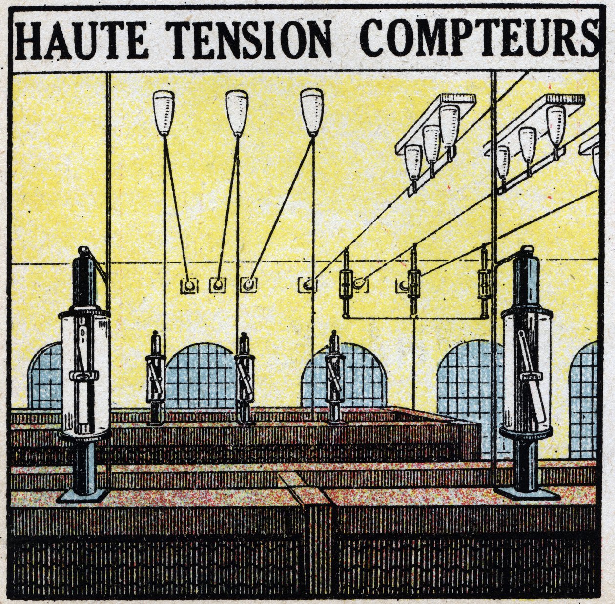 Elektrische lijnen: hoogspanningsmeters. Anonieme illustratie uit 1925. Privécollectie. door Anonymous Anonymous