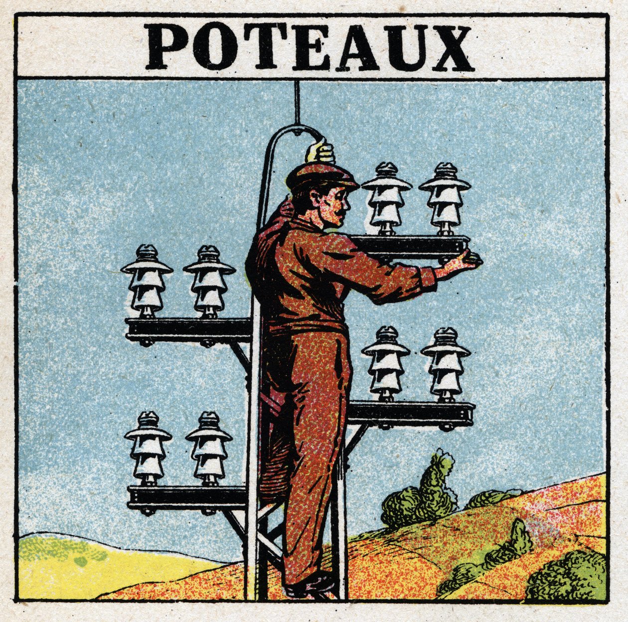 Elektrische leidingen: elektriciteitspalen. Anonieme illustratie uit 1925. Privécollectie. door Anonymous Anonymous