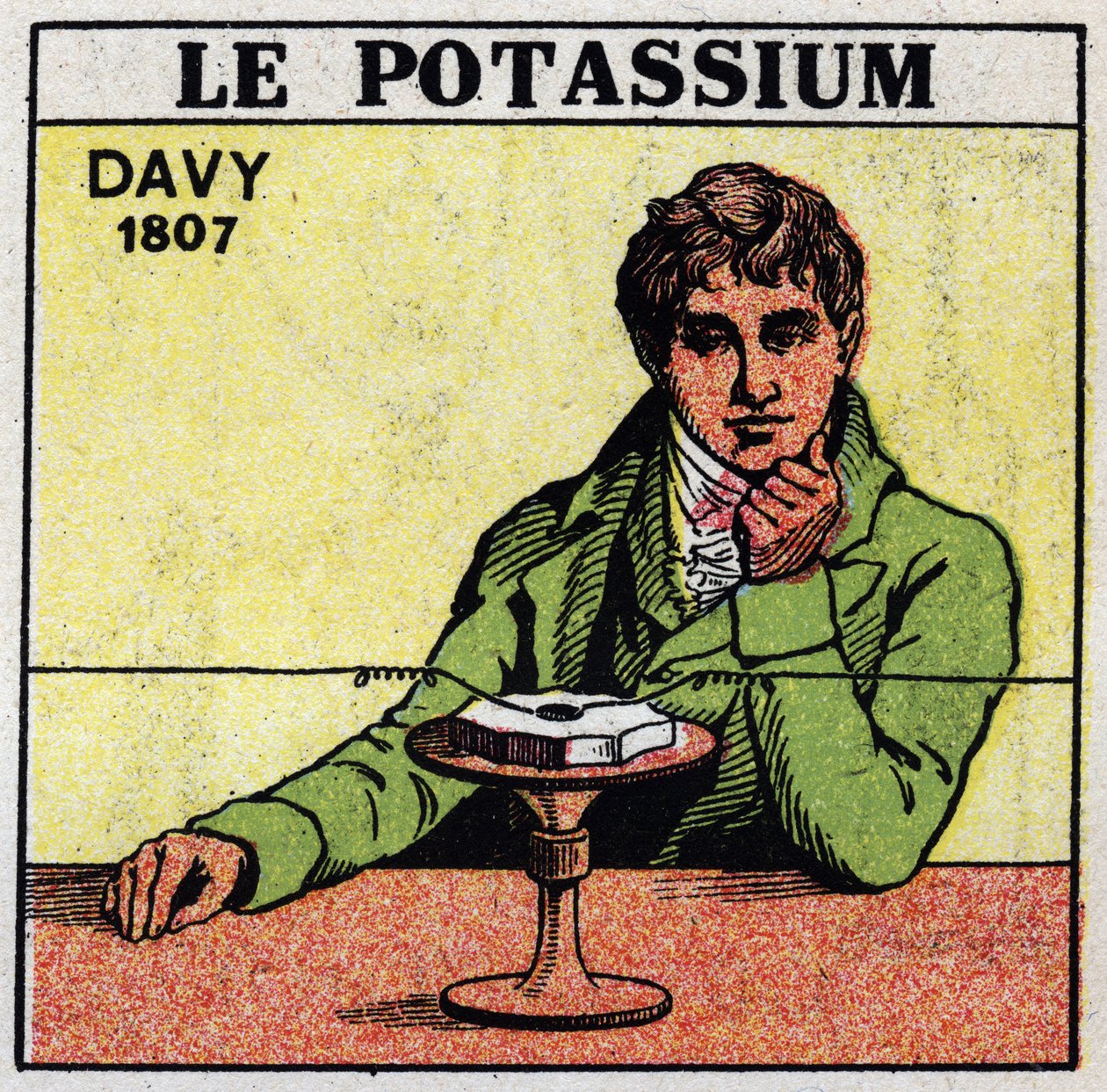 Elektrochemie: ontleding van potas (kalium) en soda door Sir Humphry Davy (1778-1829) in 1807. Anonieme illustratie uit 1925. Privécollectie. door Anonymous Anonymous