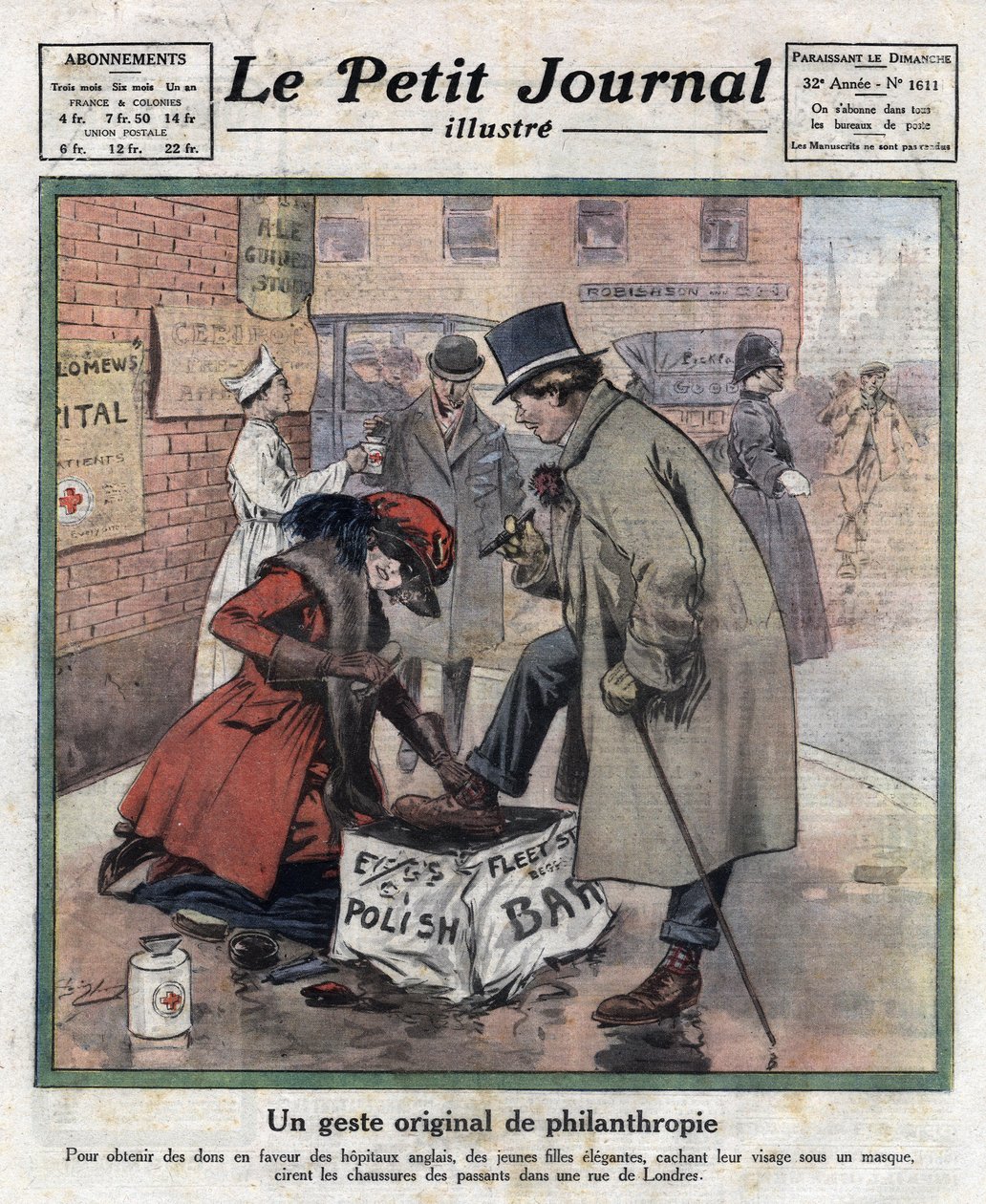 Elegante jonge meisjes, hun gezicht verborgen achter een masker, poetsen de schoenen van Londense voorbijgangers om geld in te zamelen voor Engelse ziekenhuizen. Illustratie uit 