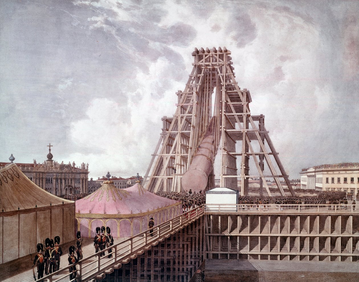Oprichting van de zuil van Alexander I op het Paleisplein (Sint-Petersburg). Schilderij van de Russische school door Anonymous Anonymous