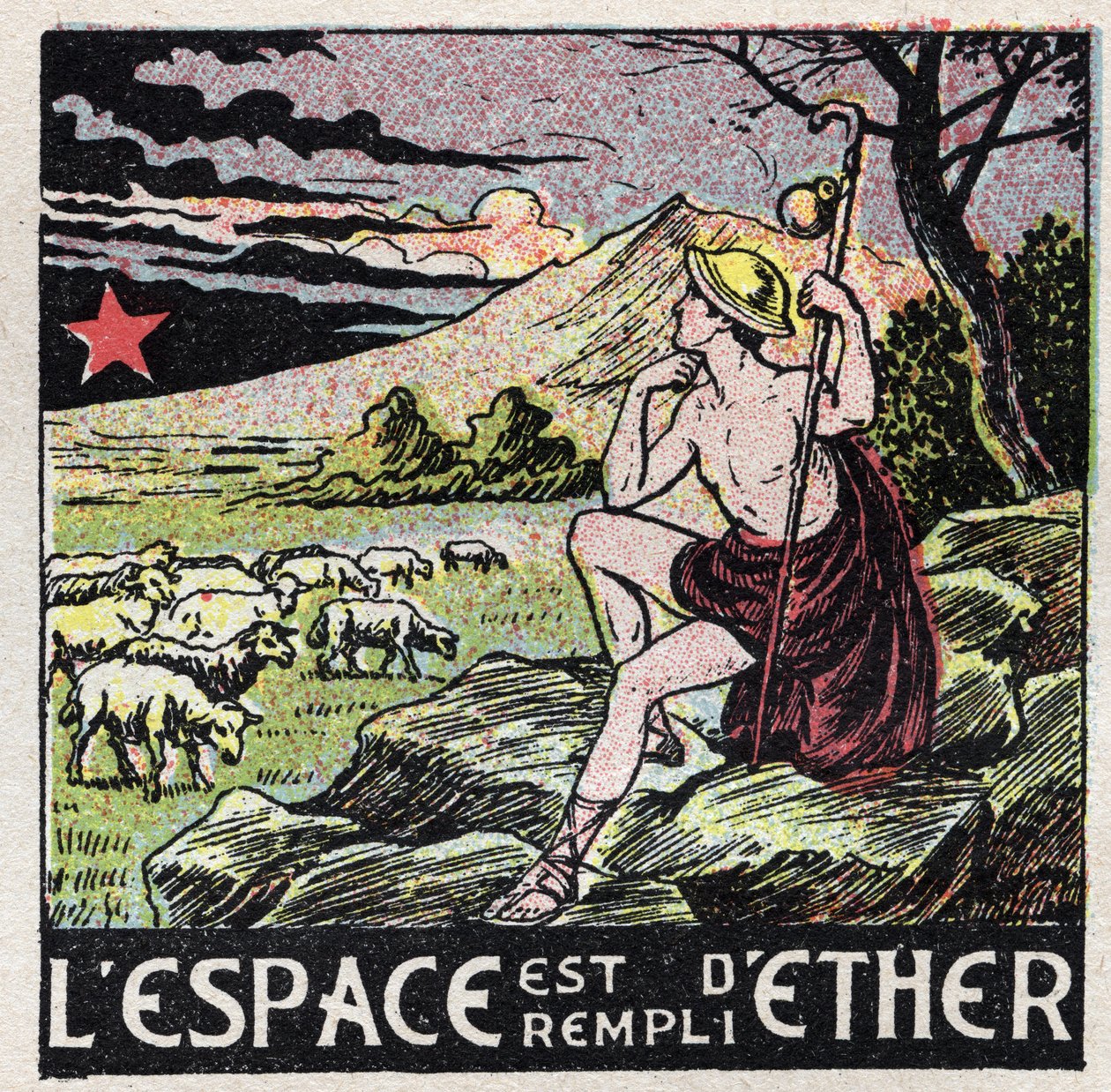 Ether (materiaal): de ruimte is gevuld met ether. Een herder uit de oudheid die naar de lucht kijkt. Anonieme illustratie uit 1925. Privécollectie. door Anonymous Anonymous
