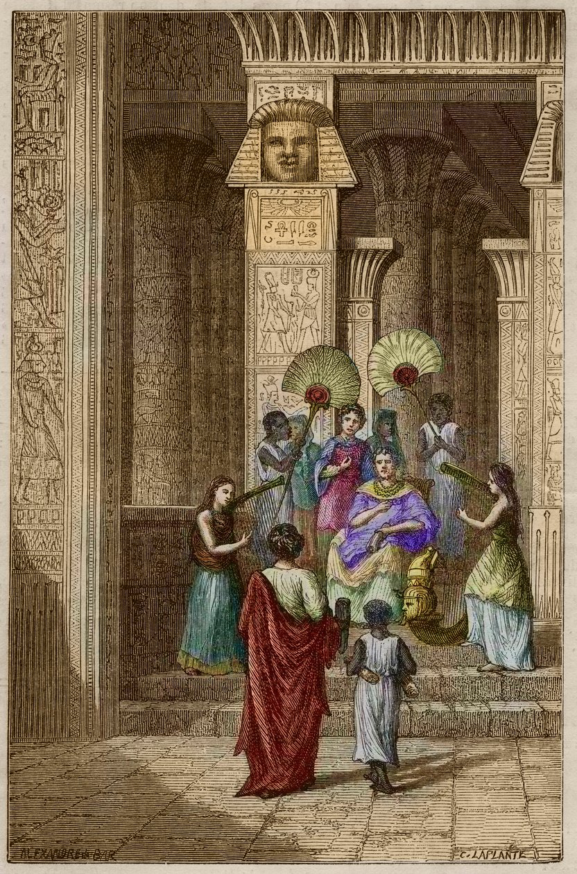 Euclides presenteert aan Ptolemaeus Soter zijn werk over de elementen van geometrie - gravure in 