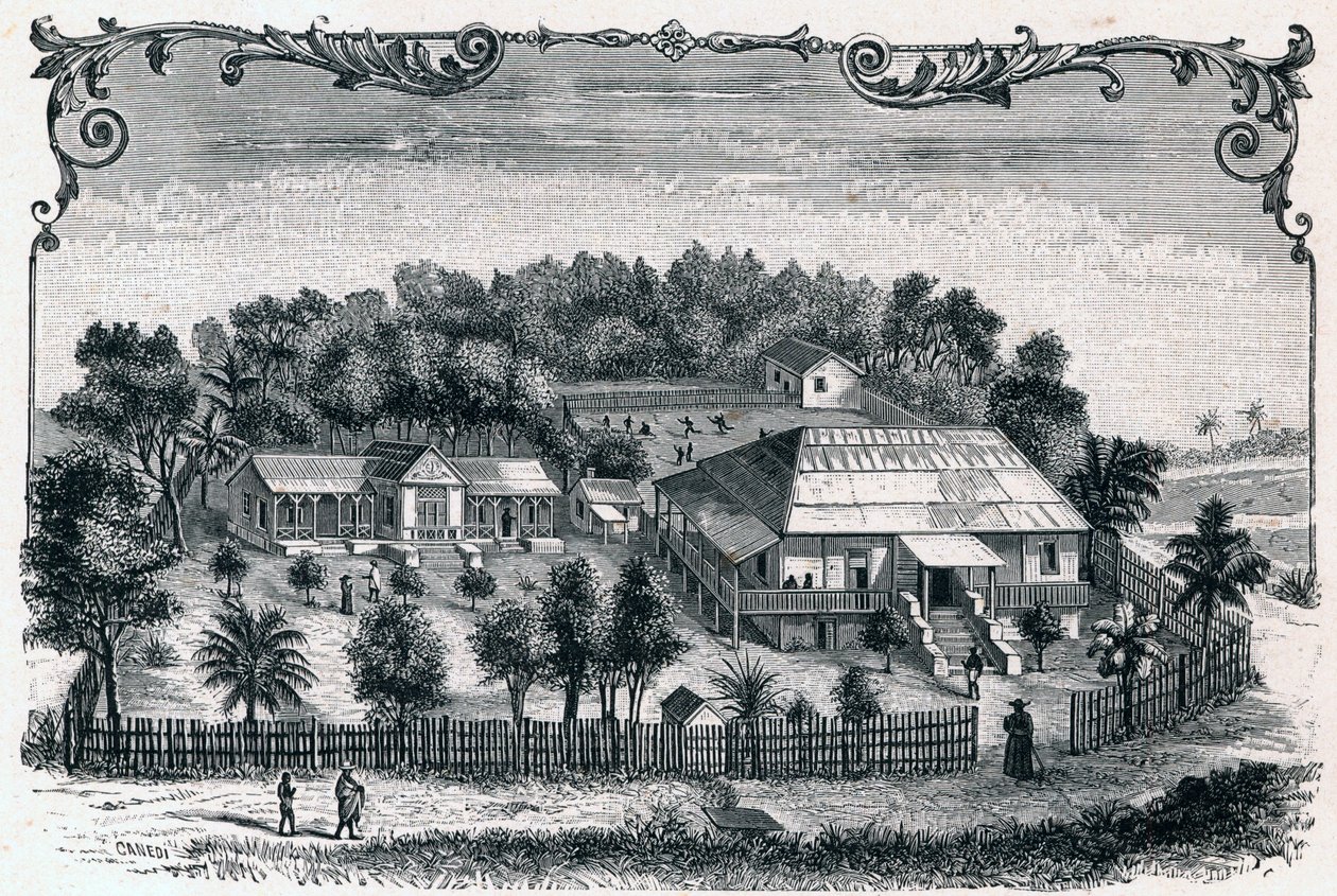 Buitenaanzicht van de pastorie en school van Hell Ville, hoofdstad van het eiland Nosy Be in Madagaskar. Gravure in 