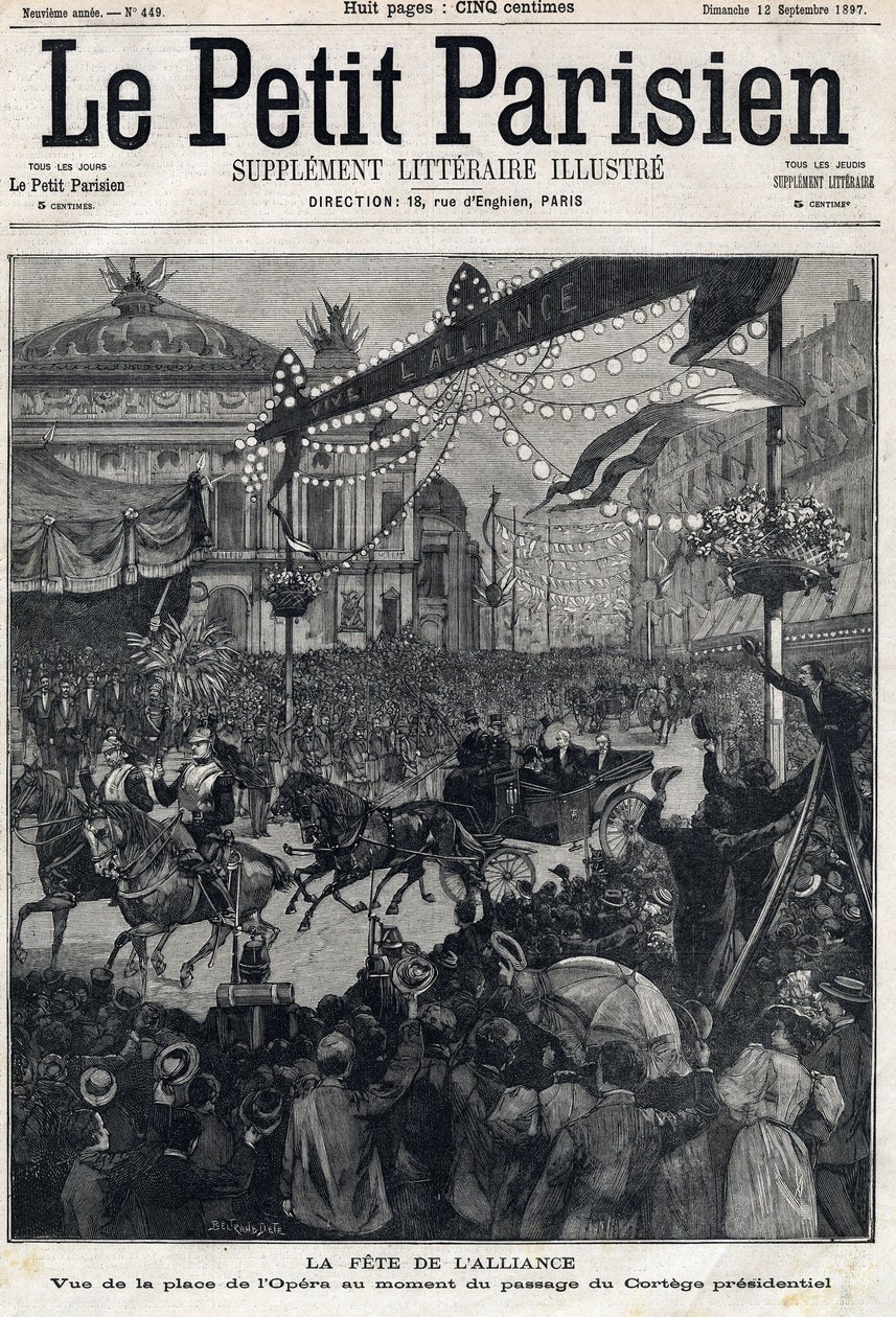 Feest van de Frans-Russische Alliantie: uitzicht op het Operaplein tijdens de passage van de presidentiële stoet van Felix Faure. In 