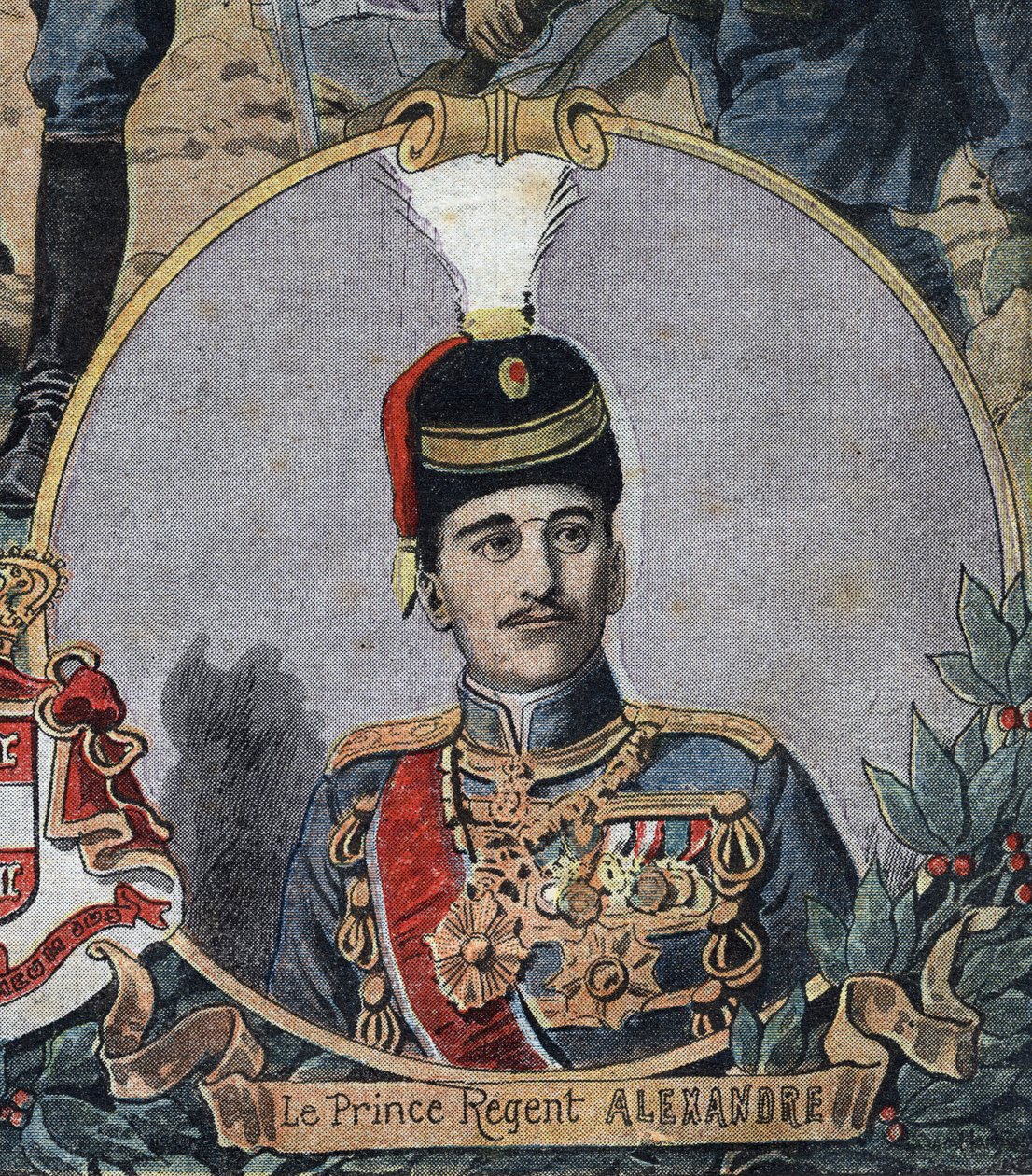 Eerste Wereldoorlog 1914-1918: Portret van de prins-regent van Servië Alexander, die koning Alexander I van Joegoslavië werd (1888-1934). Gravure in 