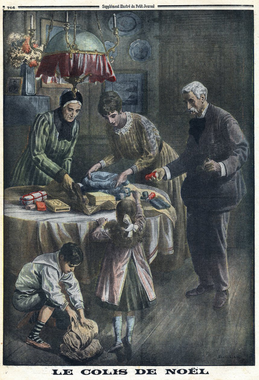 Eerste Wereldoorlog 1914-1918. Kerstcadeau: Kinderen ontvangen en pakken pakketten uit die ze van hun vader op het slagveld hebben ontvangen op kerstavond. In 