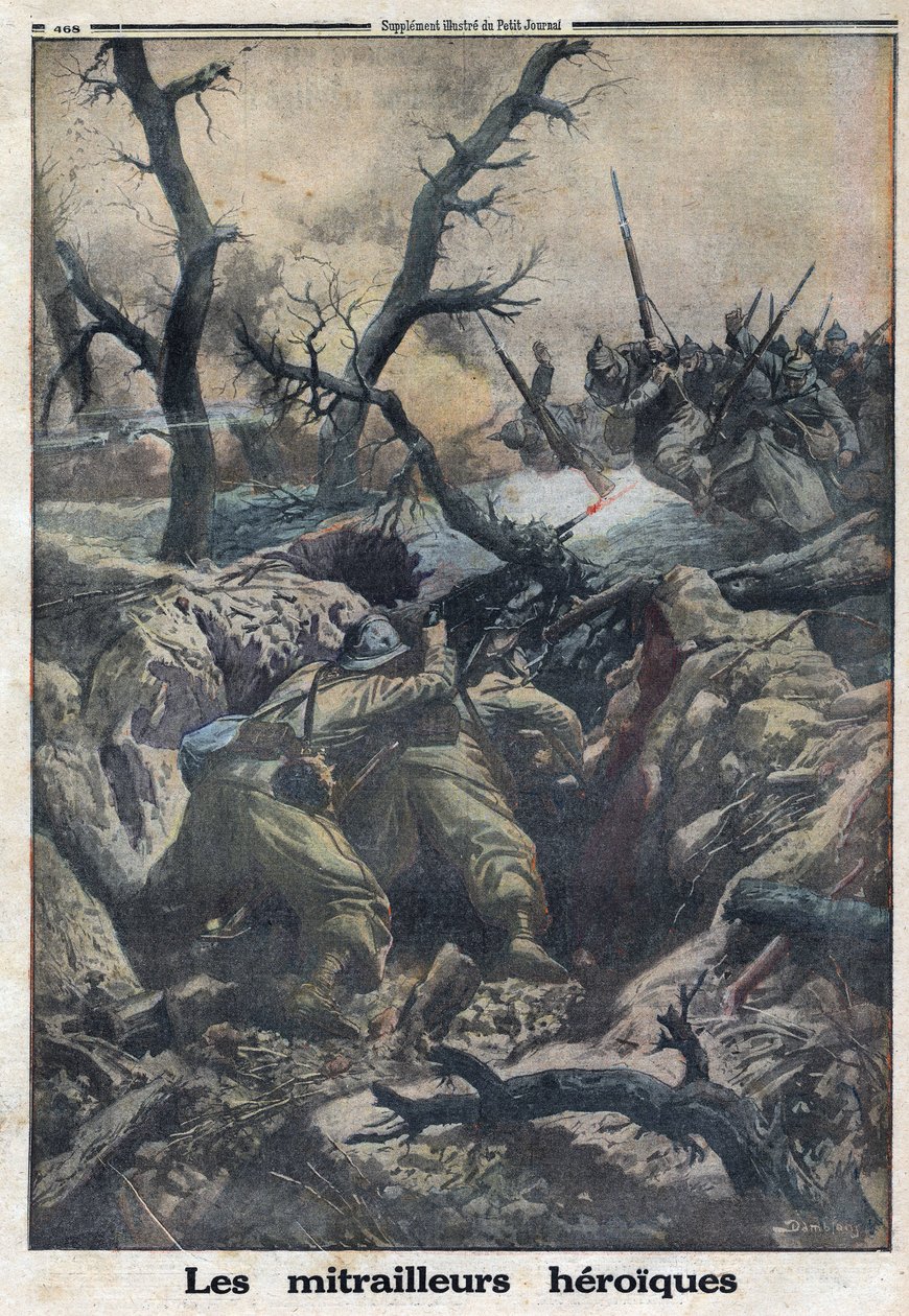 Eerste Wereldoorlog 1914-1918. Franse mitrailleurs schieten op aanvallende Duitse militairen. In 