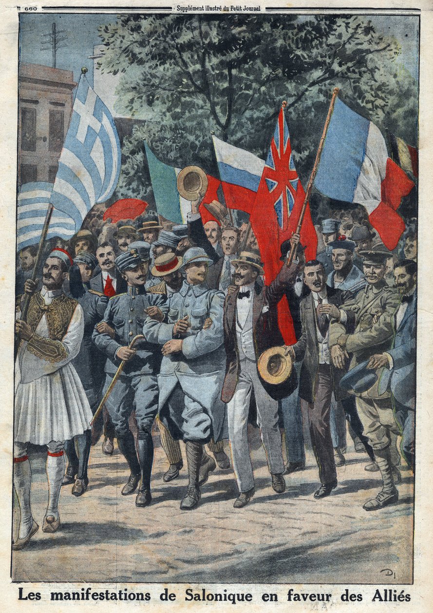 Eerste Wereldoorlog 1914-1918. De protesten in Saloniki (of Thessaloniki in Griekenland) ten gunste van de geallieerden. In 