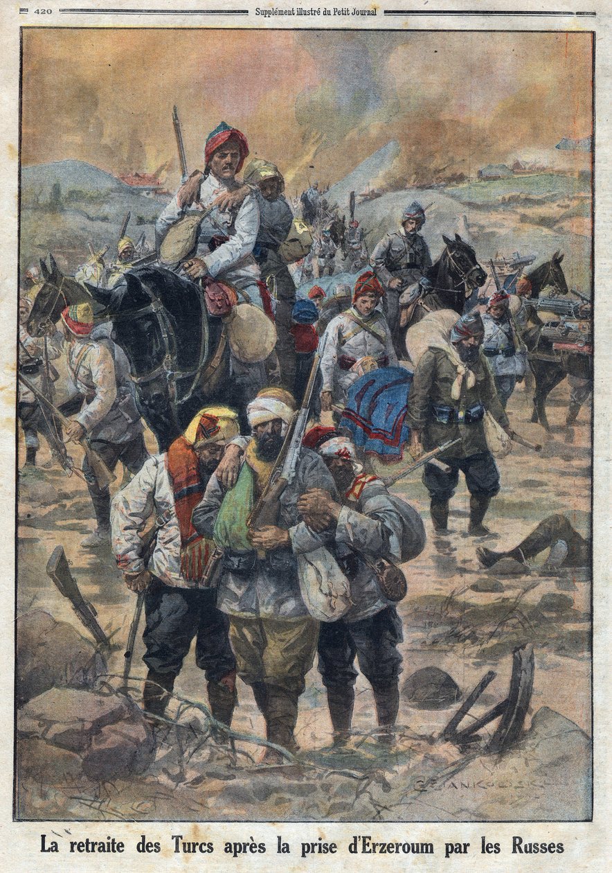 Eerste Wereldoorlog 1914-1918. De terugtocht van de Turken na de inname van Erzerum door de Russen. In 
