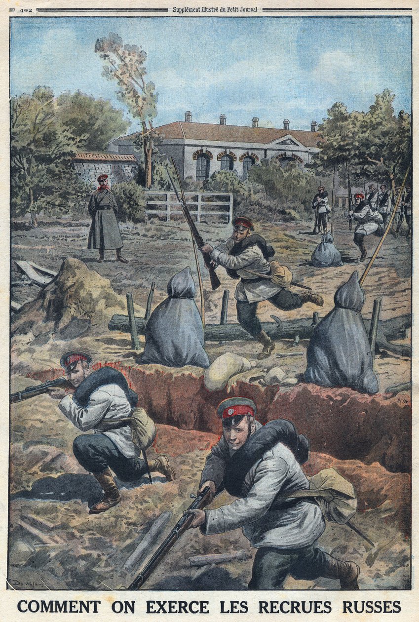 Eerste Wereldoorlog 1914-1918. Training van jonge soldaten gerekruteerd door het Russische leger. In 