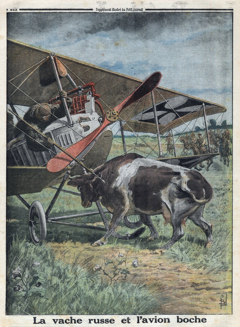 Eerste Wereldoorlog 1914-1918. Koe in Rusland verhindert een Duits leger vliegtuig om op te stijgen. In 