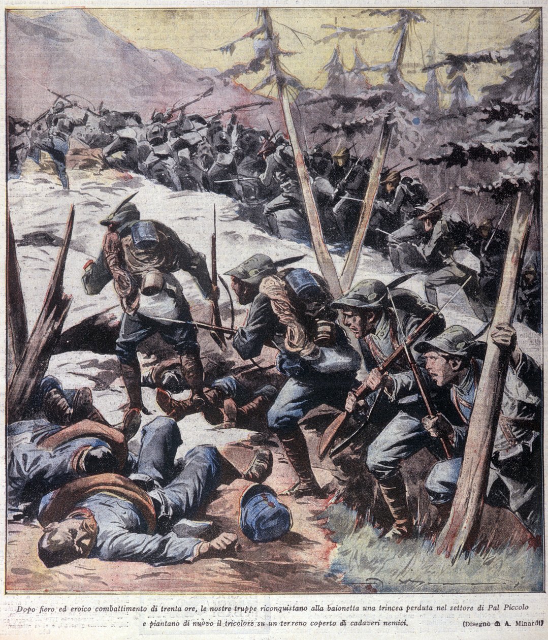 Eerste Wereldoorlog: Italiaanse alpine jagers (alpino of alpini) heroveren de Pal Piccolo, Italiaanse Alpen 1916 Illustratie uit La domenica del corriere door Anonymous Anonymous