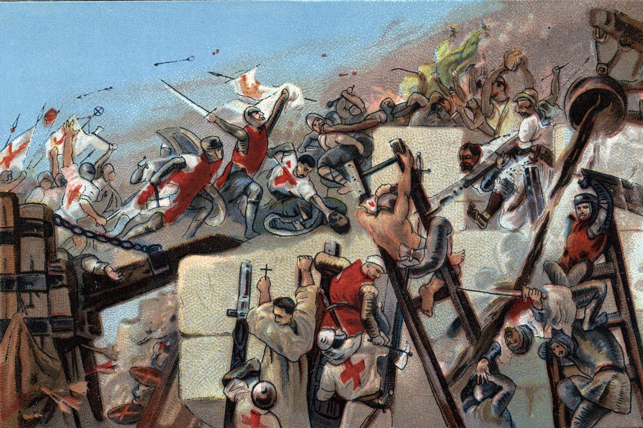 Eerste kruistocht (1096-1099): de inname van Jeruzalem door de kruisvaarders onder leiding van Godfried van Bouillon op 15 juli 1099. Reclamechromolithografie van Antoine-chocolade in Brussel, begin 20e eeuw. Privécollectie door Anonymous Anonymous