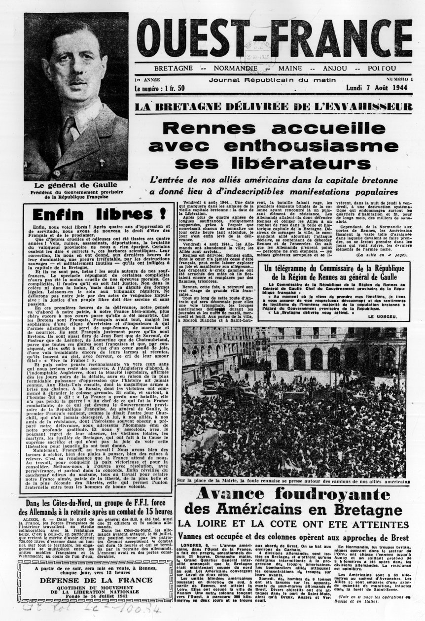 Eerste uitgave van West-Frankrijk van 7 augustus 1944: La La La La Bevrijding in het westen van Frankrijk en generaal de Gaulle - foto, B.N. door Anonymous Anonymous