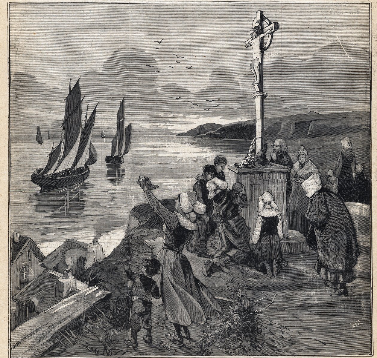 Vissen in IJsland: de vissers vertrekken uit Bretagne. Gravure in 
