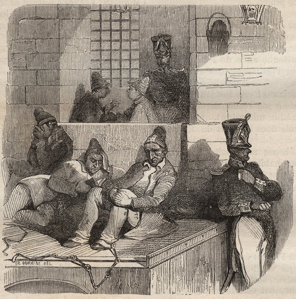 Forcat rustend in de bagne van Rochefort in de 19e eeuw. Gravure in “Histoire des bagnes depuis leur création à nos jours” (1877) door Anonymous Anonymous