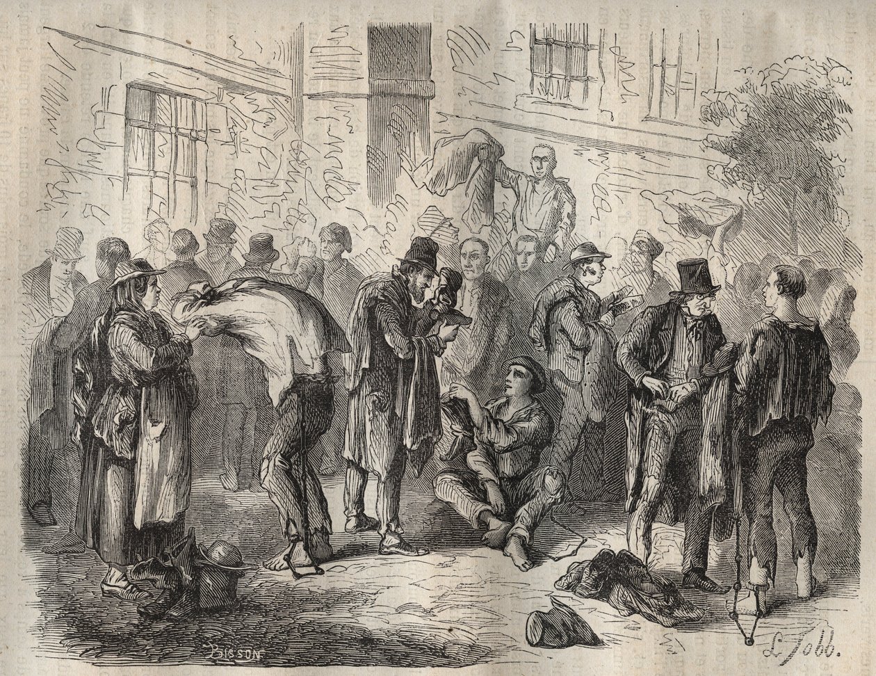 Gevangenen verkopen hun bezittingen voordat ze de Toulon Bagne binnengaan in de 19e eeuw. Gravure in Histoire des bagnes depuis leur création à nos jours (1877) door Pierre Zaccone. Privécollectie. door Anonymous Anonymous