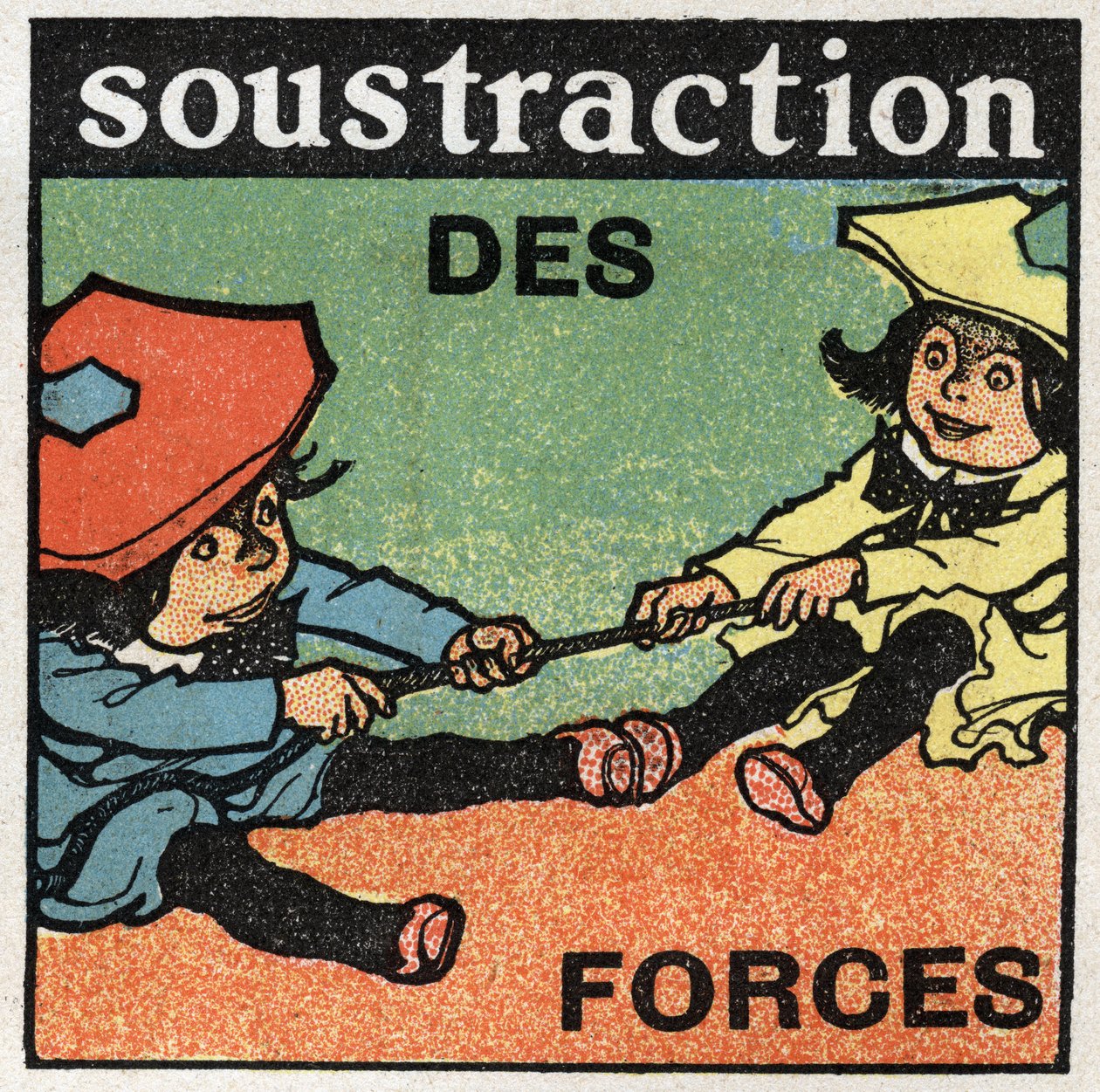 Krachten: aftrekking van krachten. Twee kinderen trekken aan een touw. Anonieme illustratie uit 1925. Privécollectie. door Anonymous Anonymous
