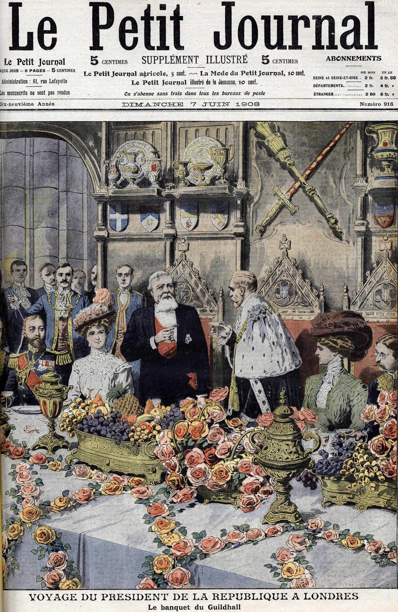 Franse president Armand Fallières (1841-1931), ontvangen in Londen door de Lord Mayor, op een banket in de Guildhall. Le petit Journal, juni 1908 door Anonymous Anonymous