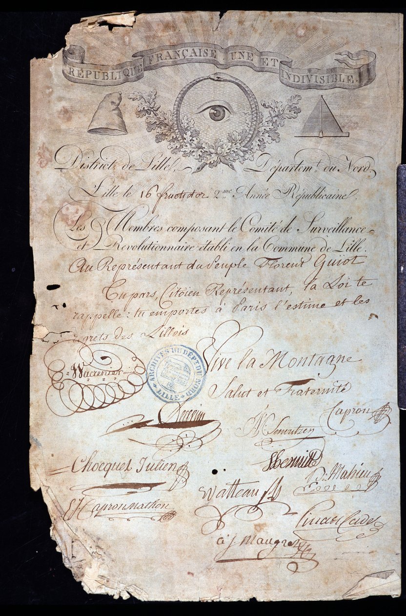 Franse Revolutie: attest van burgerschap van Guiot de Saint-Florent (Saint Florent) alias Florent-Guiot (of Florent-Guyot) (1735-1834), een revolutionair en vertegenwoordiger van het volk, door het Revolutionaire Comité van Lille gedateerd 16 jaar II (02/0 door Anonymous Anonymous