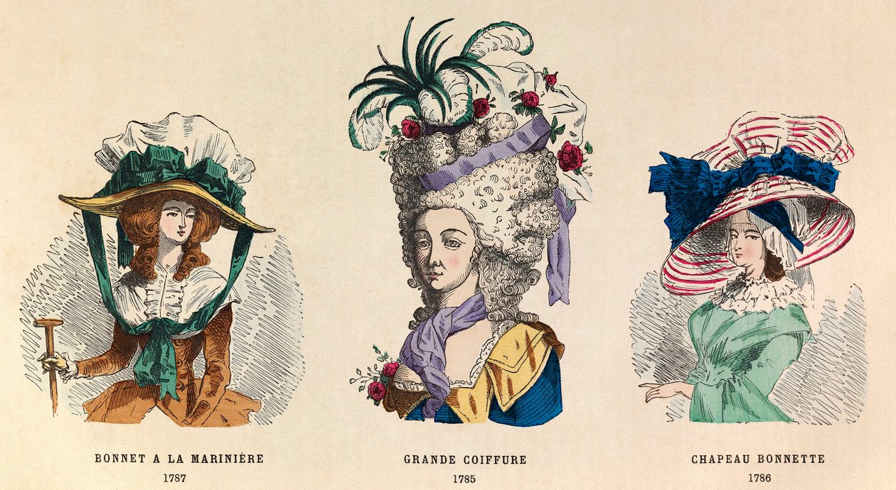 Van links naar rechts: Hoed à la marinière in 1787; Grote kapsel in 1785 en hoed Bonnette in 1786 door Anonymous Anonymous