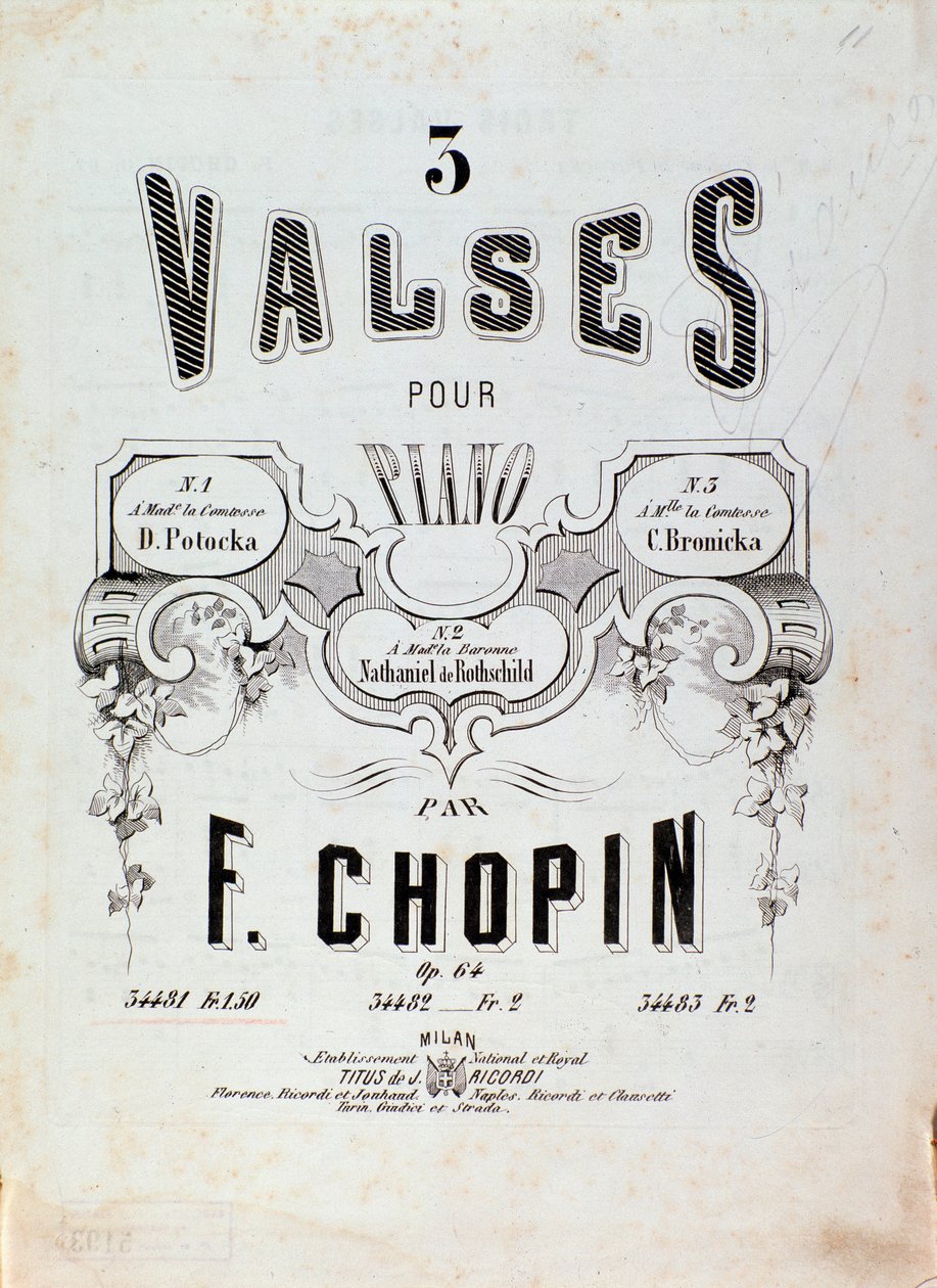 Frontispice van de partituur voor 3 walsen voor piano door Frederic Chopin (1810-1849) 19e eeuw Privécollectie door Anonymous Anonymous