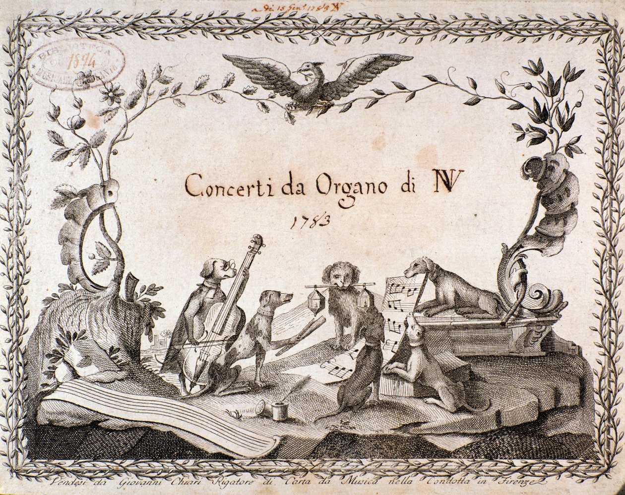 Frontispice van een muziekpartituur met voorstelling van dieren die muziekinstrumenten bespelen (1783) door Anonymous Anonymous