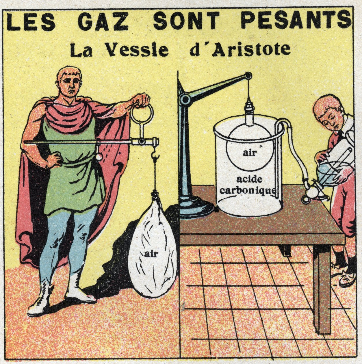 Gasdruk: de gassen zijn zwaar. Ervaring van de blaas van Aristoteles (384-322 v.Chr.) over de zwaartekracht van de lucht. Anonieme illustratie uit 1925. Privécollectie. door Anonymous Anonymous