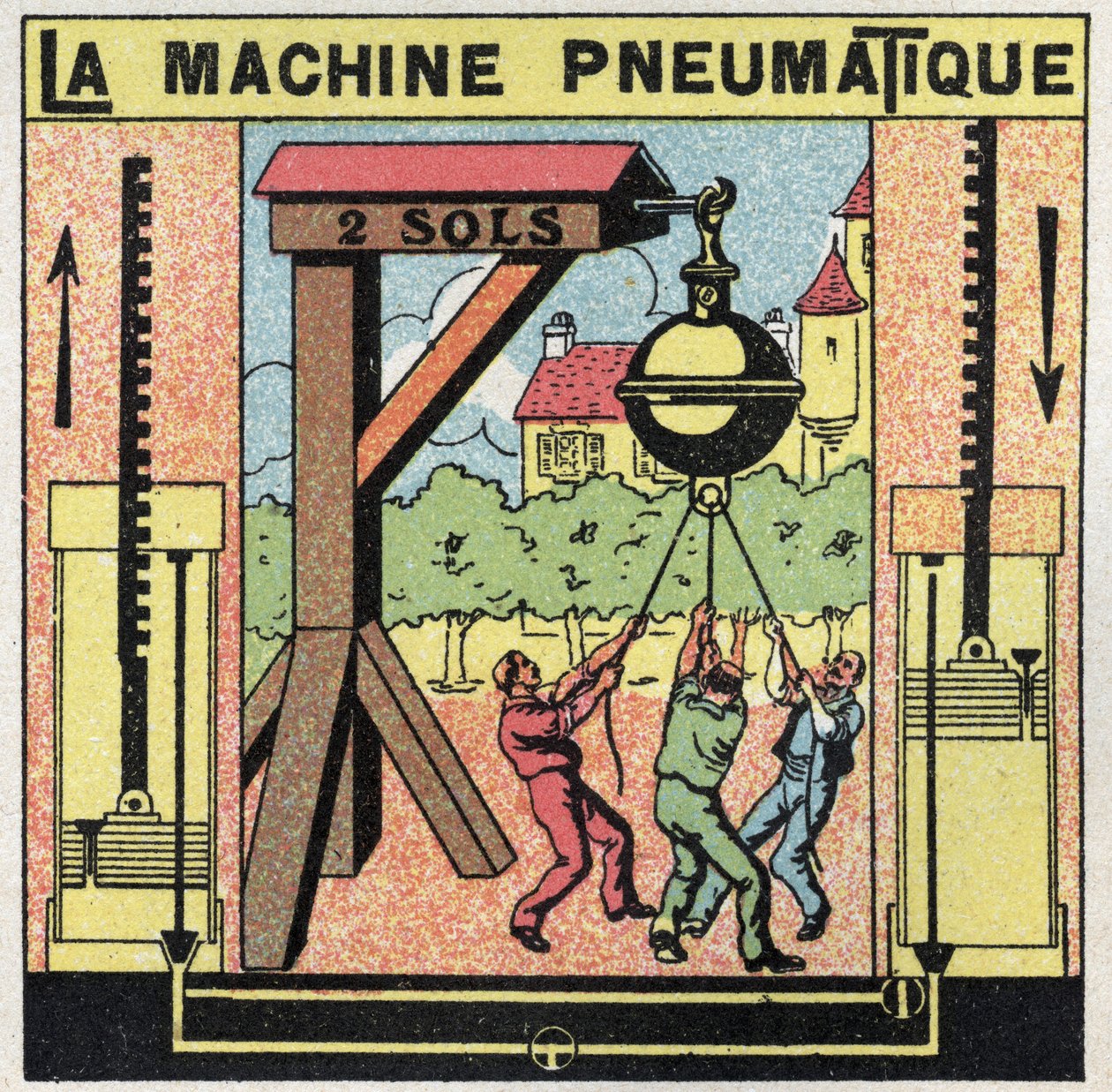 Gasdruk: de pneumatische machine. Op een kermis werden enorme hemisferen geïnstalleerd die mannen tevergeefs probeerden los te maken. Aantrekking geïnspireerd door de ervaring van Otto von Guericke. door Anonymous Anonymous